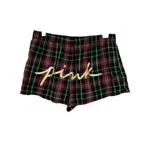 Victoria's Secret PINK Pajama Shorts Red Green Plaid Gold Logo Medium